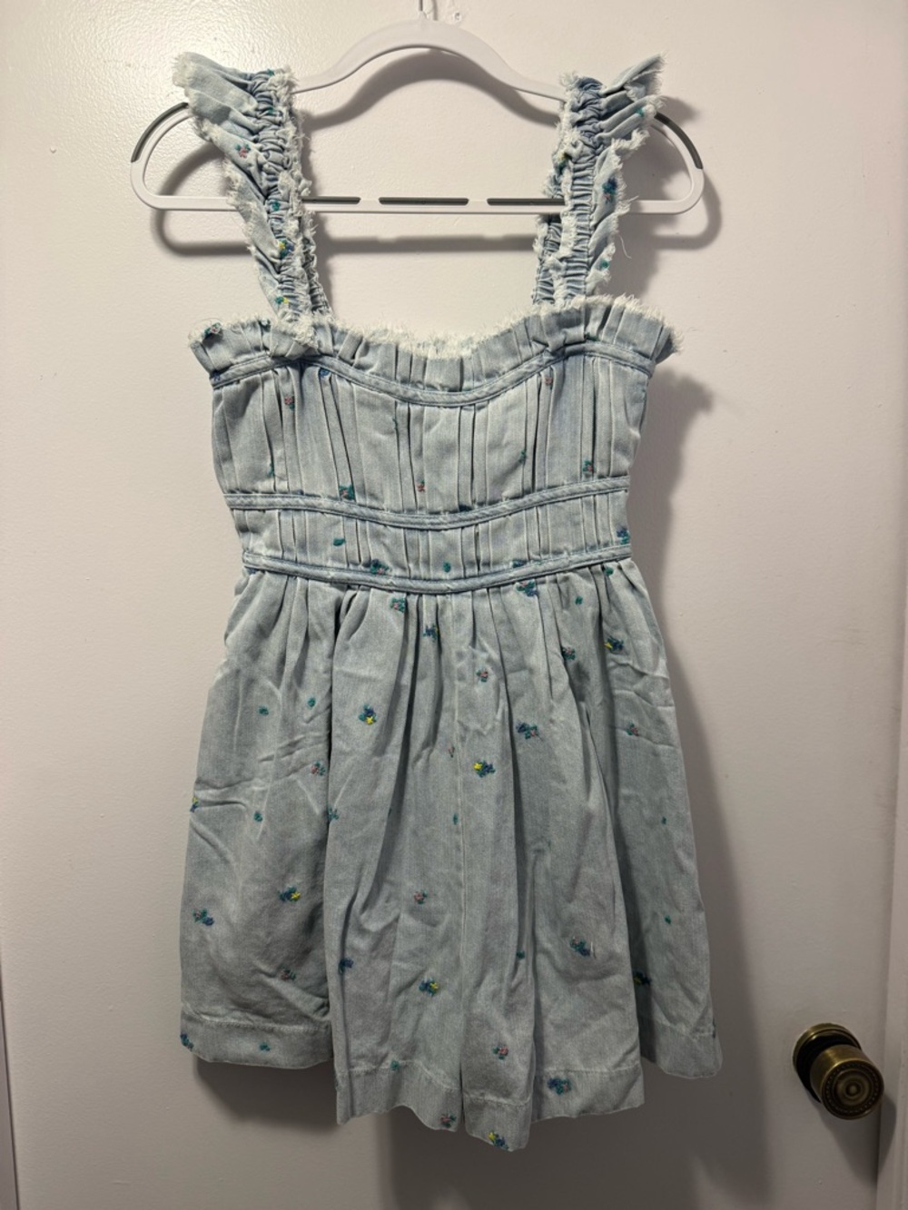 Selina floral Denim  romper. - Sleeveless Ruffled Straps